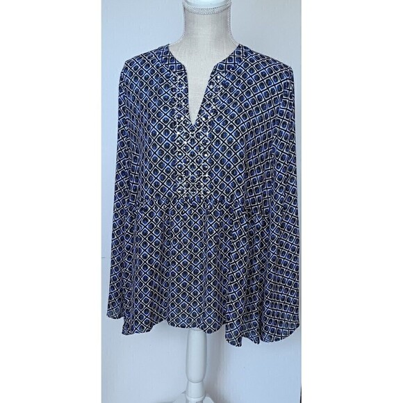 New Direction Size L Long Sleeve Print Peplum Top w/Silver Studs - Picture 1 of 8